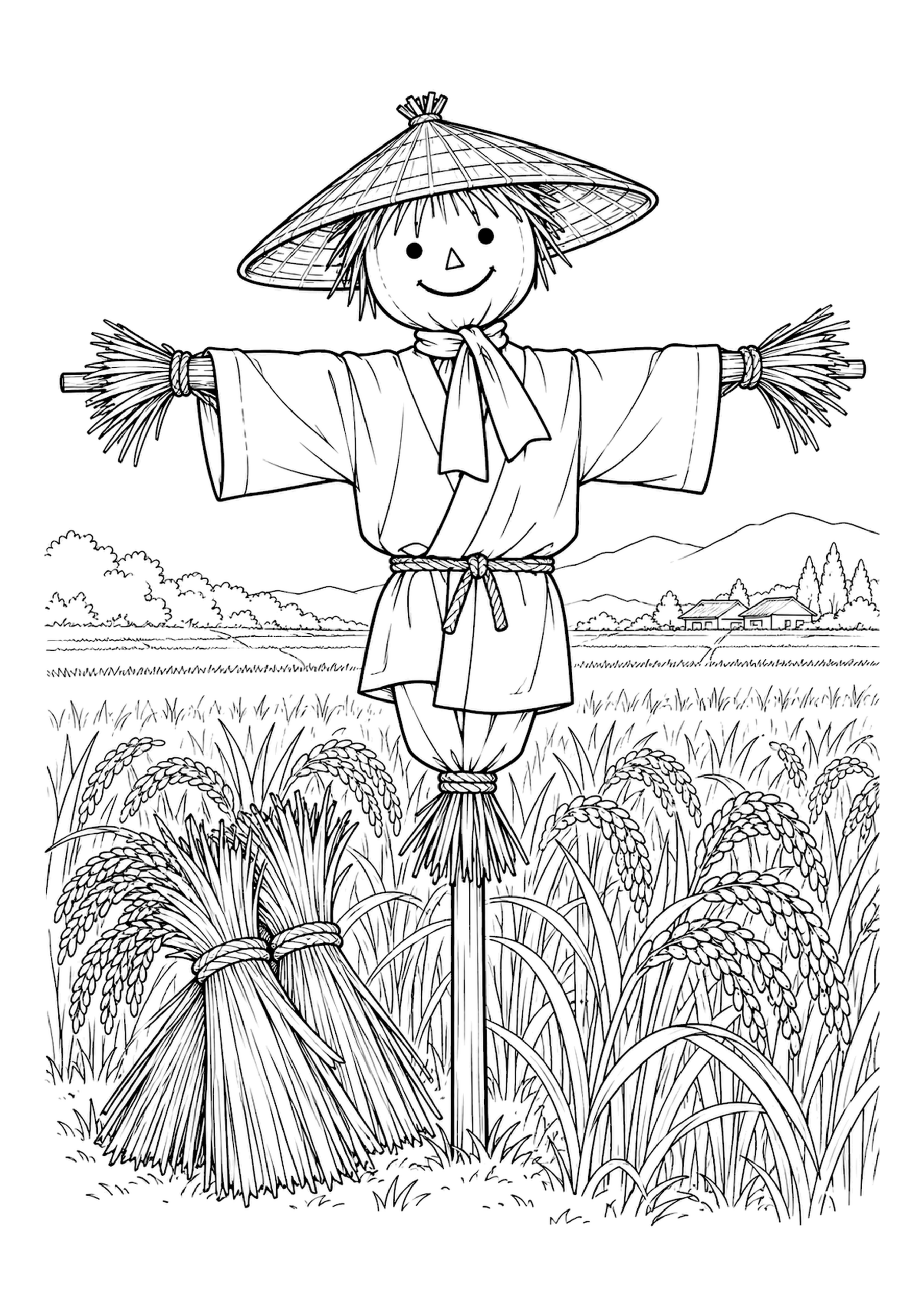 稲穂と案山子の塗り絵